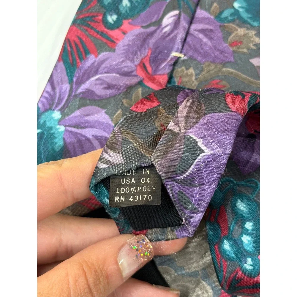 VTG Camden Court Necktie Floral Purple Pink Gray Polyester Retro‎ Formal Men OS